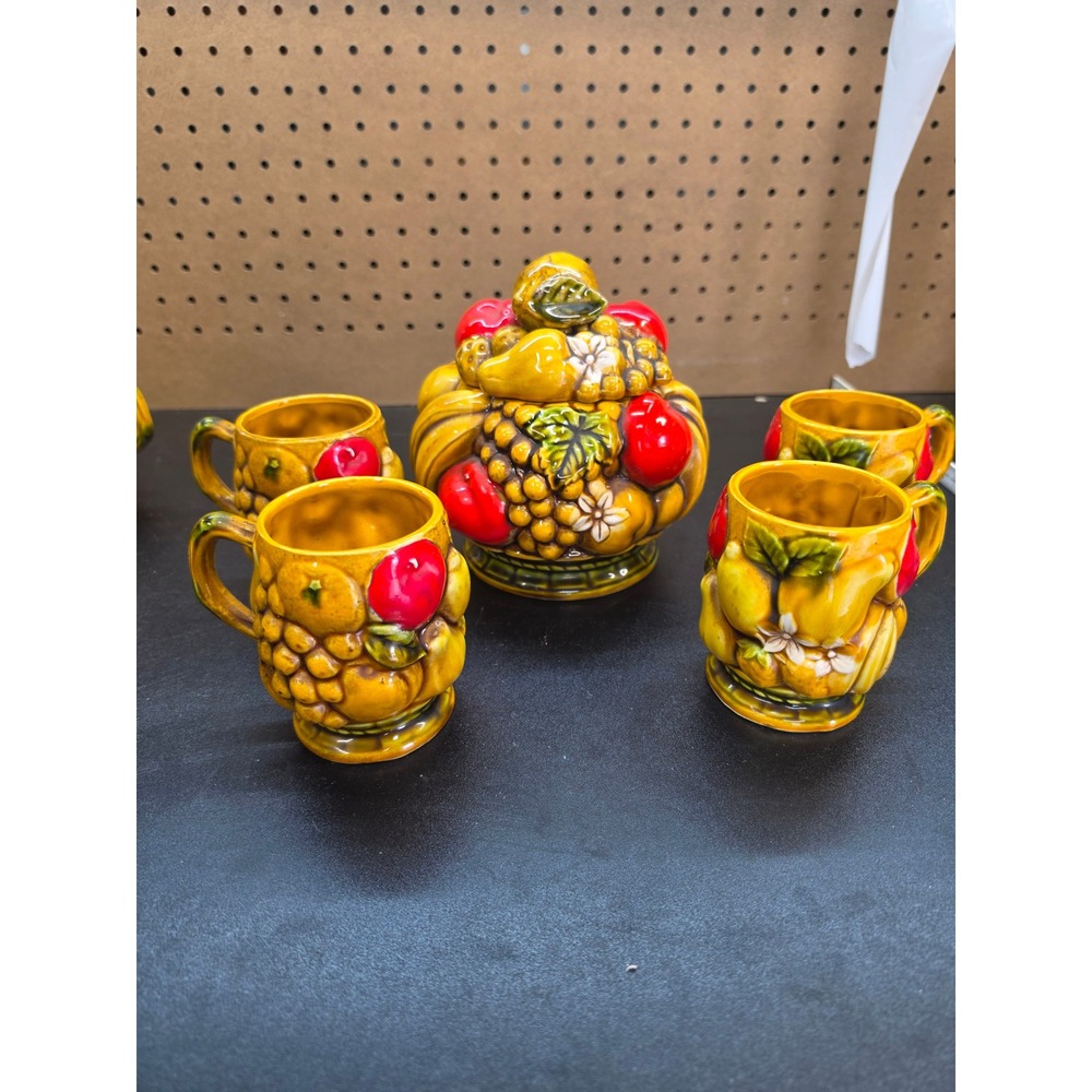 Vintage 5pc Ceramic Fruit Set Lidded Buscuit jar & 4 Mugs 3D Embossed Majolica